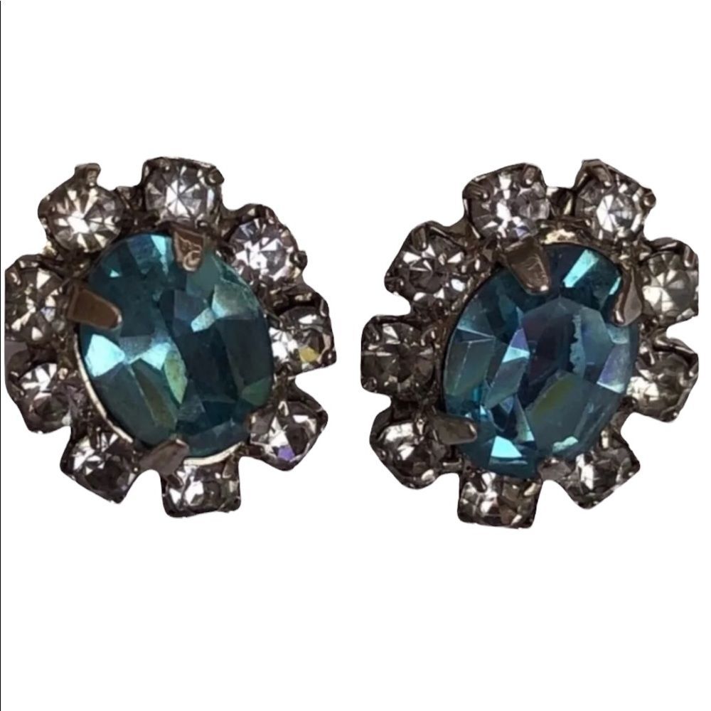 Vintage Rhinestone Clip-On Earrings Aqua Stone Unpierced